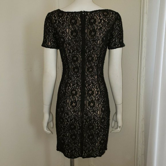 OLEG CASSINI BLACK TIE Size 4 Black & Beige LACE SEQUIN COCKTAIL DRESS - Picture 10 of 11
